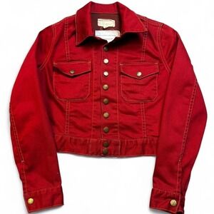 Current/Elliott The Snap Jacket Red Denim Jean Jacket Sz 1 XS casual preppy